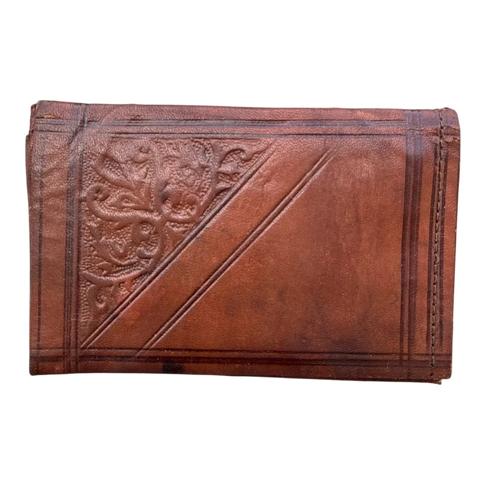 Vintage Tooled Leather Bifold Wallet Brown Boho Western Artisan Handmade
